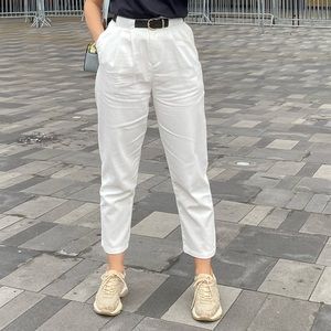 White pants with rope belt
